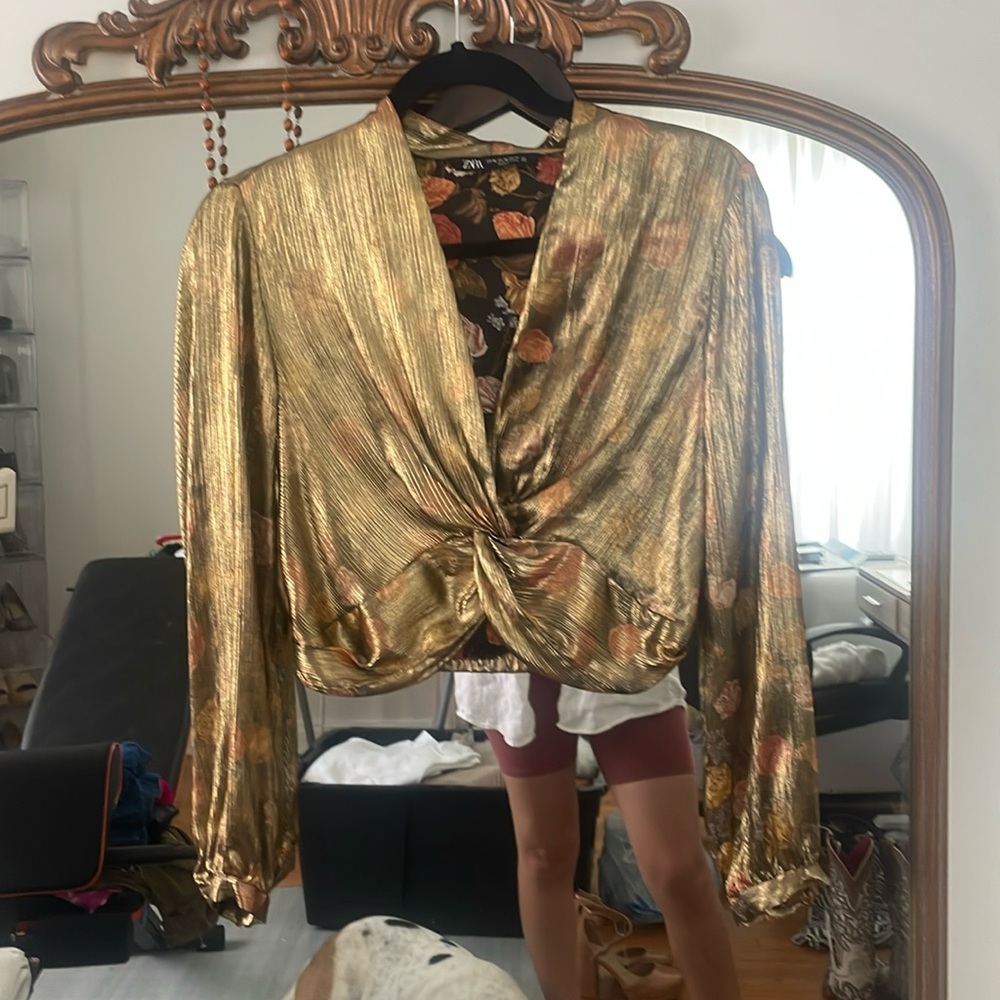 ZARA Gold Floral Knot Blouse